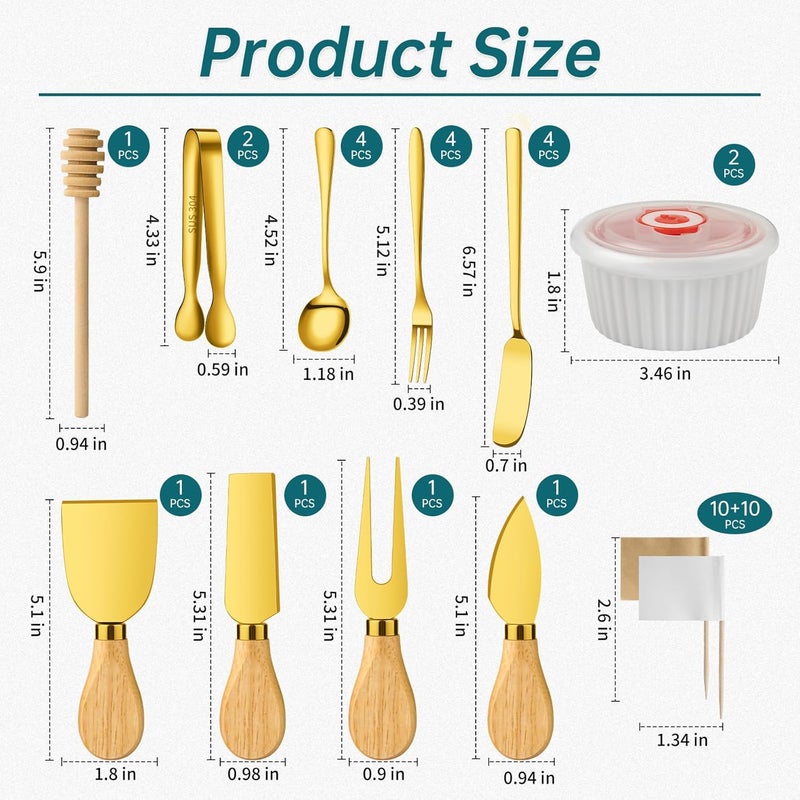ELIMTEC Charcuterie Boards Accessories Bowls Gold, Cheese Butter Spreader Knife Set Mini Serving Tongs, Forks, Spoons,Dipping Bowls with Lids, Toothpick Flags, Honey Dippers For Party Platter Making - Image 2